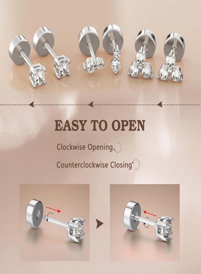 GEMQUEEN Hypoallergenic Flat Back Earrings for Women White Gold Plated Solid 925 Sterling Silver Post Stud | Cartilage Helix Conch Tragus Piercing Jewelry 3 Pairs Tiny Screw Dainty CZ Opal Earring Set Sun - Image 5